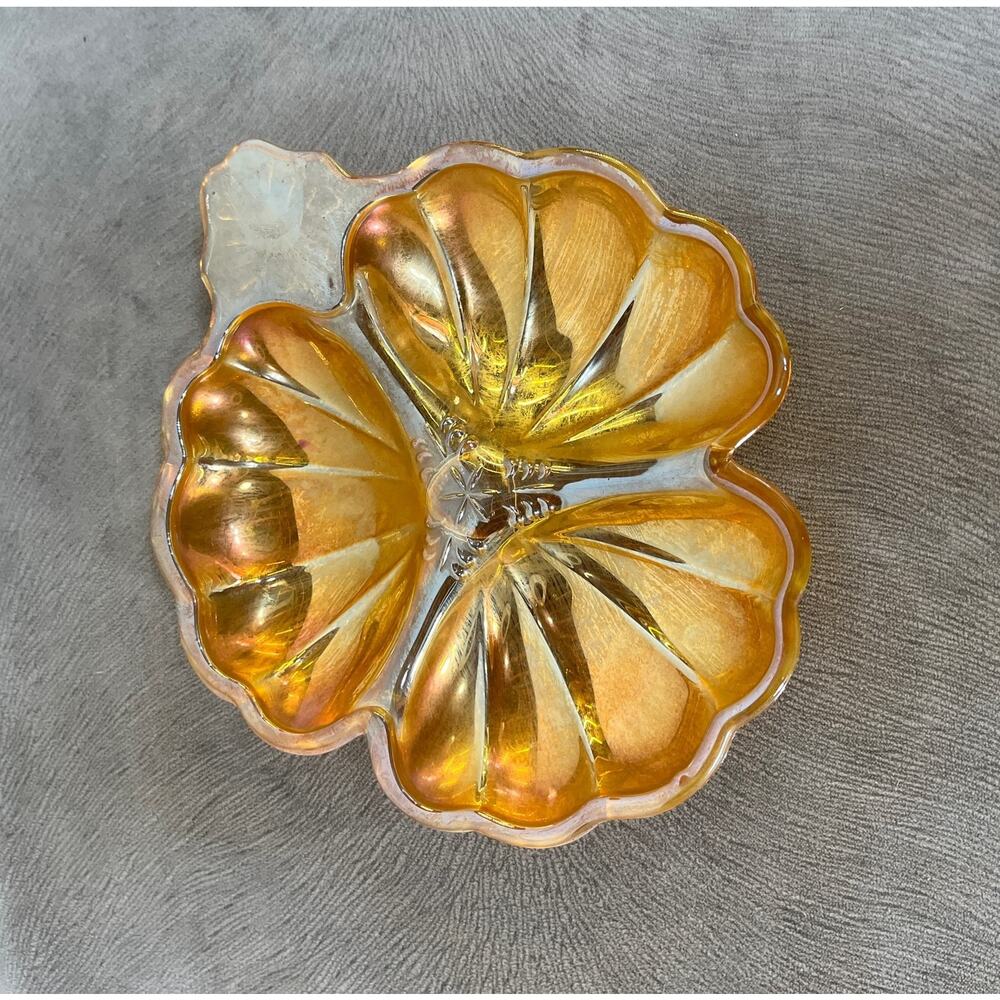 Jeanette 3 Part Clover Shape Candy Dish Doric Iridescent Marigold Glass Vintage